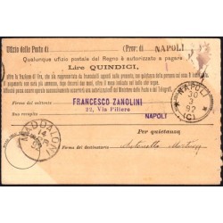 Italie - Mandat Carte - 15 lire - 30/03/1892 - Etat : SUP