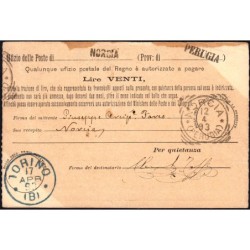 Italie - Mandat Carte - 20 lire - 12/04/1893 - Etat : TTB+