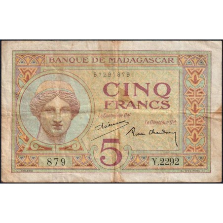 Madagascar - Pick 35b - 5 francs - Série Y.2292 - 1937 - Etat : TB