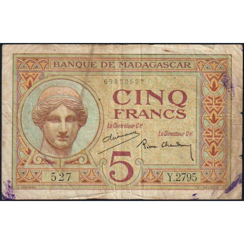 Madagascar - Pick 35b - 5 francs - Série Y.2795 - 1937 - Etat : B+