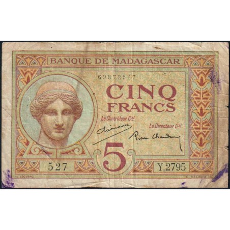 Madagascar - Pick 35b - 5 francs - Série Y.2795 - 1937 - Etat : B+