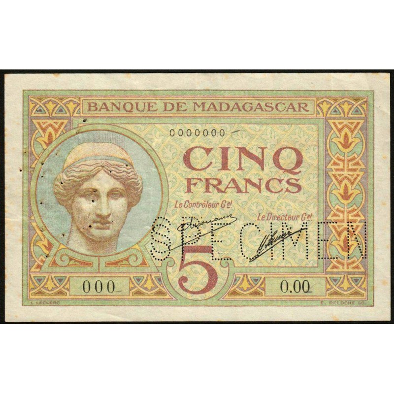 Madagascar - Pick 35as - 5 francs - Série 0.00 - 1926 - Spécimen - Etat : TTB