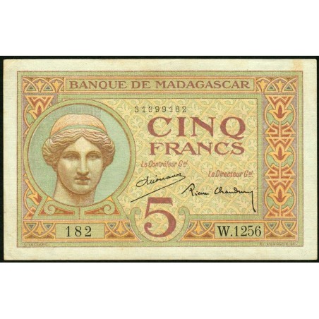 Madagascar - Pick 35b - 5 francs - Série W.1256 (remplacement) - 1937 - Etat : SUP+