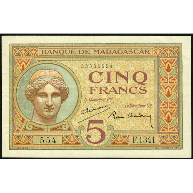 Madagascar - Pick 35b - 5 francs - Série F.1341 - 1937 - Etat : SUP+