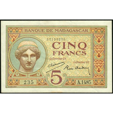 Madagascar - Pick 35b - 5 francs - Série A.1485 - 1937 - Etat : TTB+