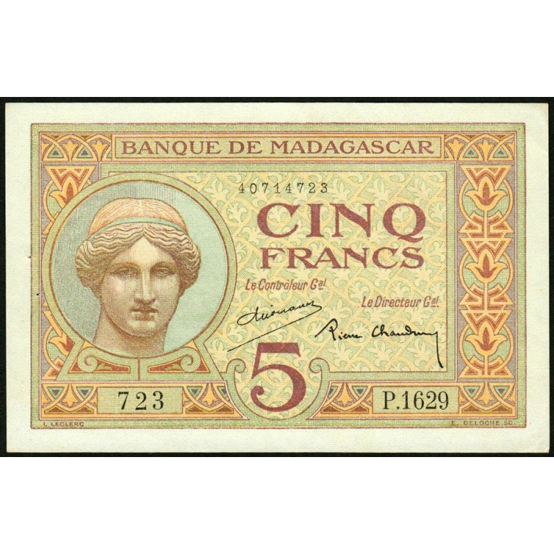 Madagascar - Pick 35b - 5 francs - Série P.1629 - 1937 - Etat : SUP