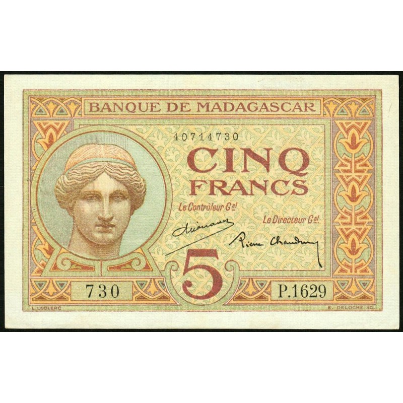 Madagascar - Pick 35b - 5 francs - Série P.1629 - 1937 - Etat : SUP