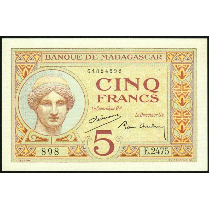 Madagascar - Pick 35b - 5 francs - Série E.2475 - 1937 - Etat : pr.NEUF