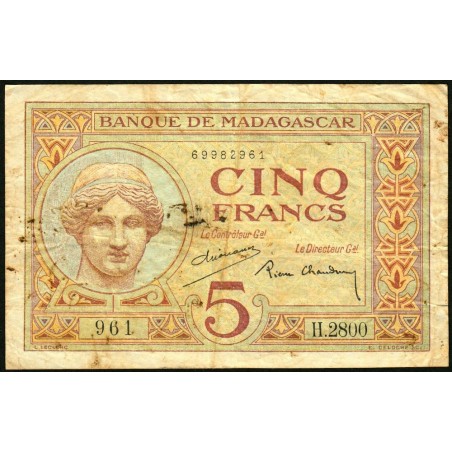 Madagascar - Pick 35b - 5 francs - Série H.2800 - 1937 - Etat : B+