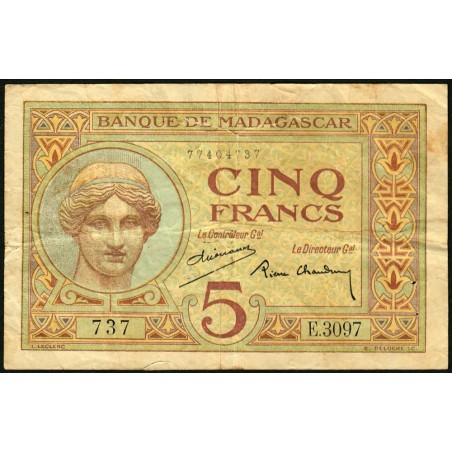 Madagascar - Pick 35b - 5 francs - Série E.3097 - 1937 - Etat : B+