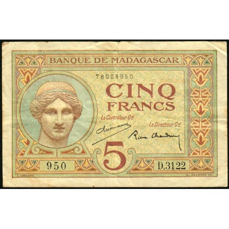 Madagascar - Pick 35b - 5 francs - Série D.3122 - 1937 - Etat : TB-