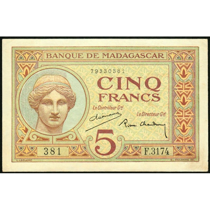 Madagascar - Pick 35b - 5 francs - Série F.3174 - 1937 - Etat : SUP+