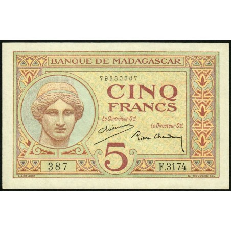 Madagascar - Pick 35b - 5 francs - Série F.3174 - 1937 - Etat : SPL