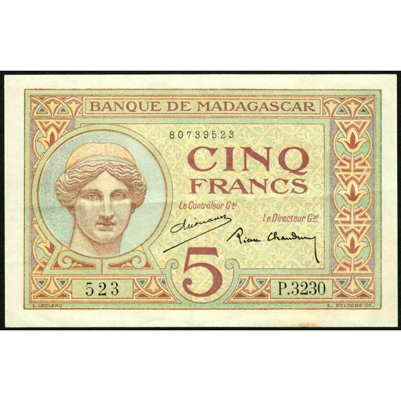 Madagascar - Pick 35b - 5 francs - Série P.3230 - 1937 - Etat : TTB+