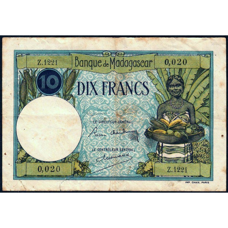 Madagascar - Pick 36b - 10 francs - Série Z.1221 - 1937 - Etat : B+