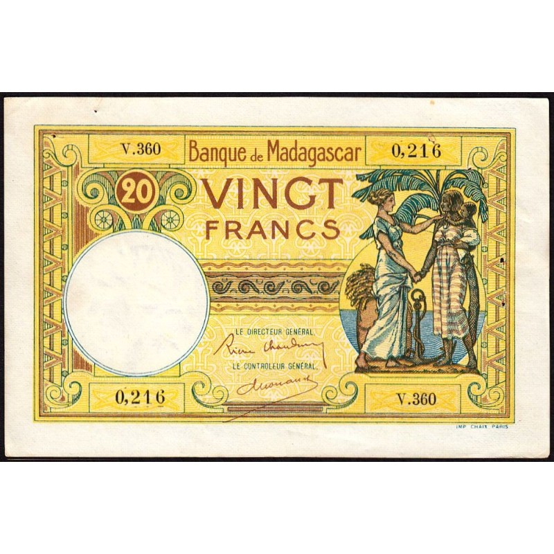 Madagascar - Pick 37b - 20 francs - Série V.360 - 1937 - Etat : SUP