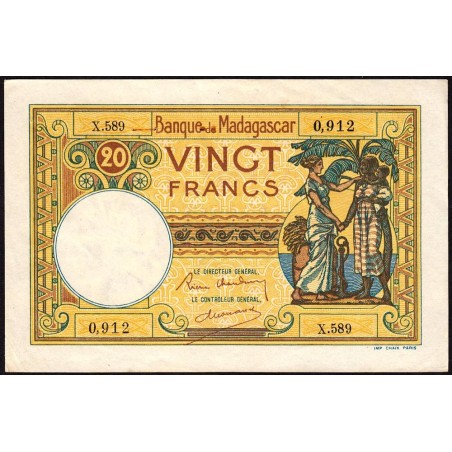 Madagascar - Pick 37b - 20 francs - Série X.589 - 1937 - Etat : TTB+