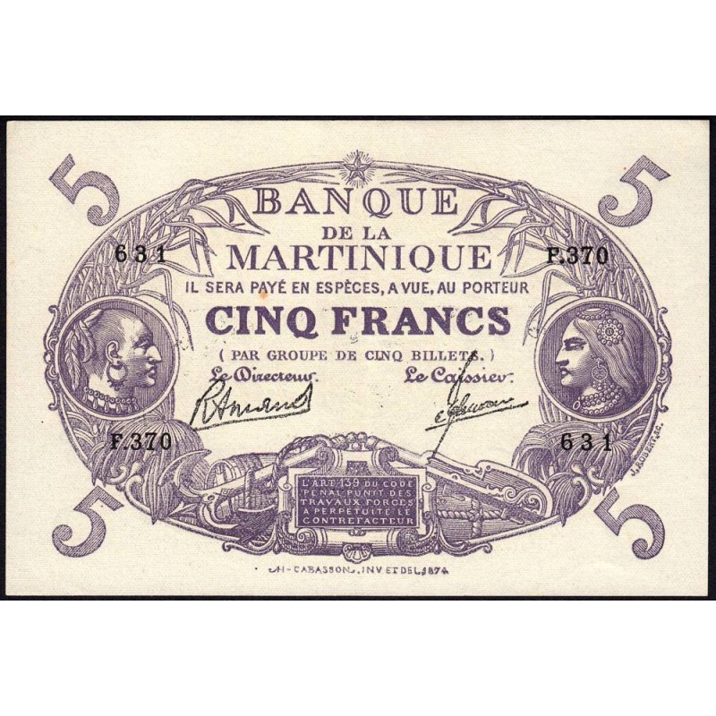 Martinique - Pick 6_3 - 5 francs - Série F.370 - 1945 - Etat : SPL