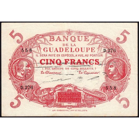 Guadeloupe - Pick 7q - 5 francs - Série D.276 - 1944 - Etat : TTB+