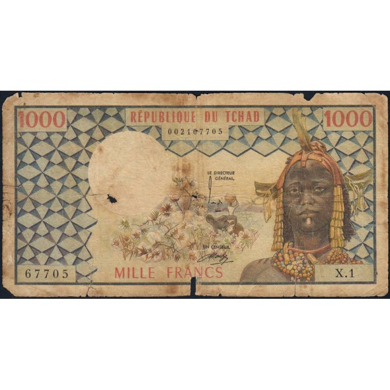 Tchad - Pick 3a_1 - 1'000 francs - Série X.1 - 1974 - Etat : B