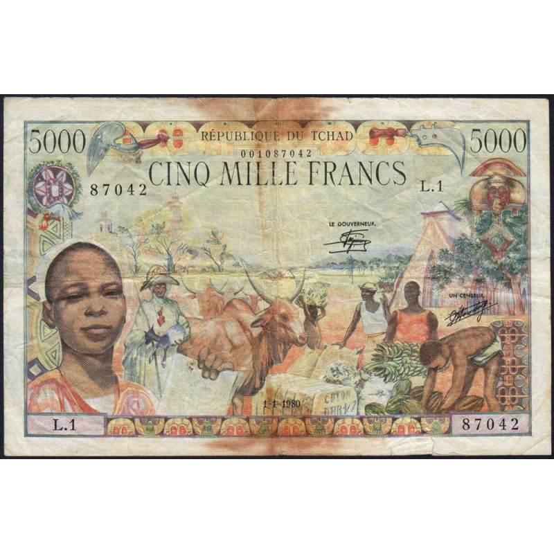 Tchad - Pick 8 - 5'000 francs - Série L.1 - 01/01/1980 - Etat : TB