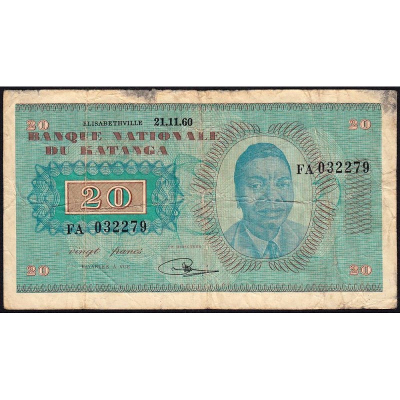 Katanga - Pick 6a - 20 francs - 21/11/1960 - Série FA - Etat : TB-