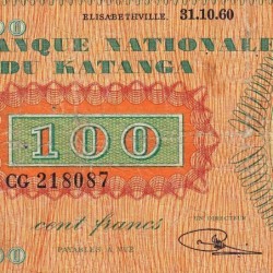 Katanga - Pick 8a - 100 francs - 31/10/1960 - Série CG - Etat : B+