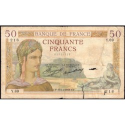 F 17-01 - 15/11/1934 - 50 francs - Cérès - Série Y.69 - Etat : B-