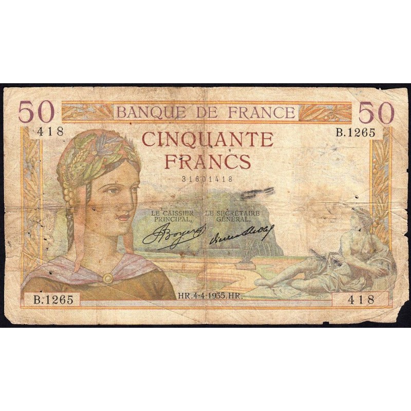 F 17-07 - 04/04/1935 - 50 francs - Cérès - Série B.1265 - Etat : B-