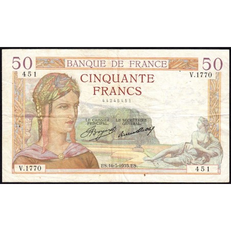 F 17-09 - 16/05/1935 - 50 francs - Cérès - Série V.1770 - Etat : TB+