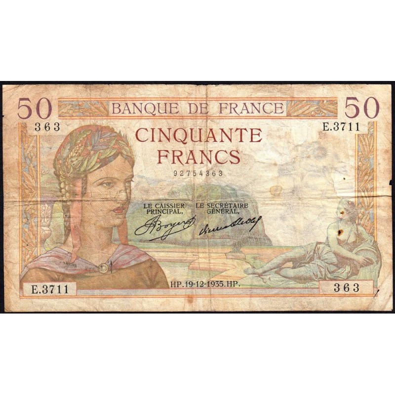F 17-21 - 19/12/1935 - 50 francs - Cérès - Série E.3711 - Etat : B
