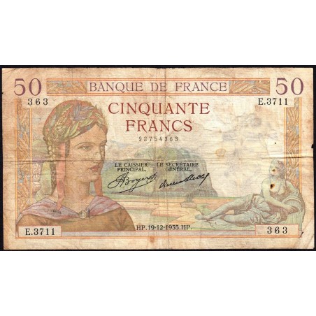 F 17-21 - 19/12/1935 - 50 francs - Cérès - Série E.3711 - Etat : B