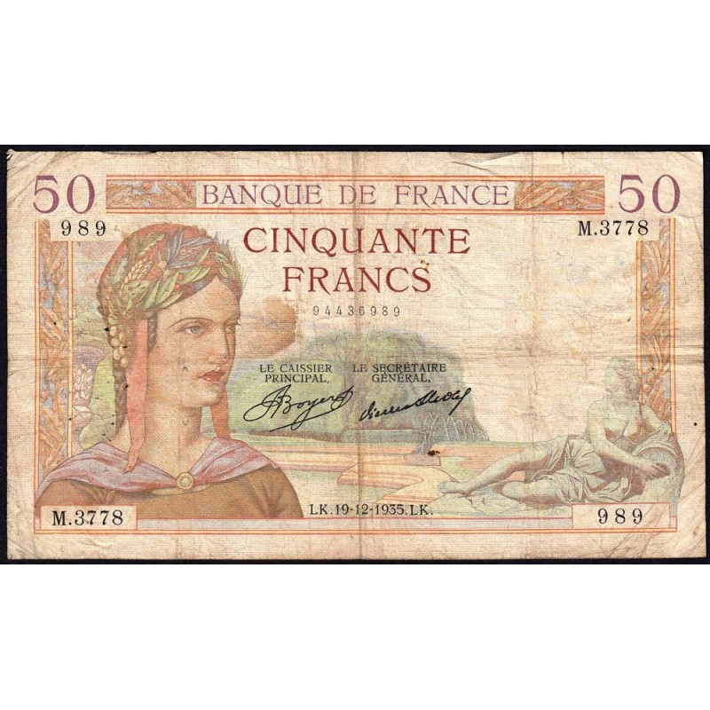 F 17-21 - 19/12/1935 - 50 francs - Cérès - Série M.3778 - Etat : B+