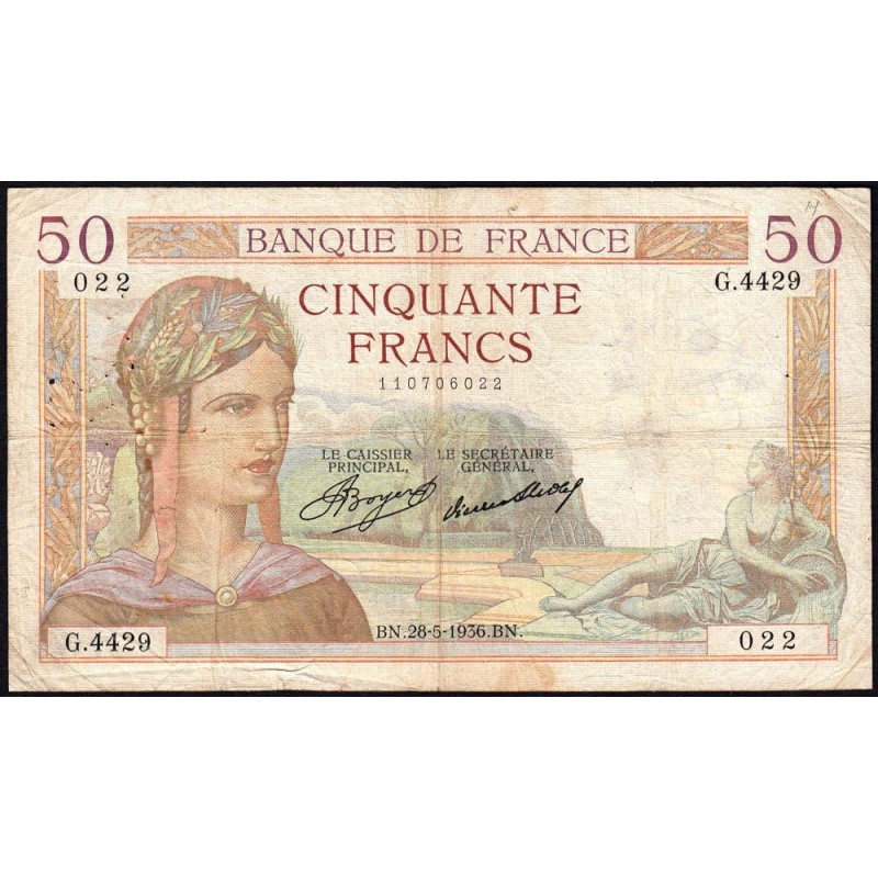 F 17-26 - 28/05/1936 - 50 francs - Cérès - Série G.4429 - Etat : TB