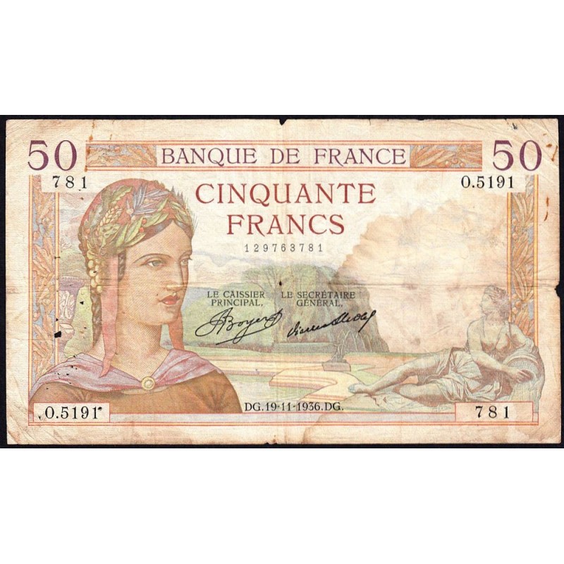 F 17-31 - 19/11/1936 - 50 francs - Cérès - Série O.5191 - Etat : TB-