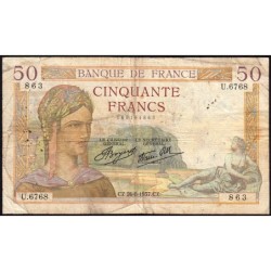 F 18-02 - 26/08/1937 - 50 francs - Cérès modifié - Série U.6768 - Etat : B