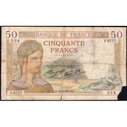 F 18-02 - 26/08/1937 - 50 francs - Cérès modifié - Série V.6777 - Etat : B-