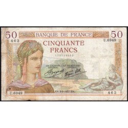 F 18-03 - 09/09/1937 - 50 francs - Cérès modifié - Série U.6949 - Etat : TB-