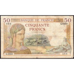 F 18-03 - 09/09/1937 - 50 francs - Cérès modifié - Série Q.6960 - Etat : TB-