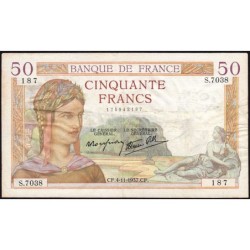 F 18-04 - 04/11/1937 - 50 francs - Cérès modifié - Série S.7038 - Etat : TTB