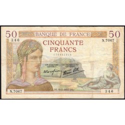 F 18-04 - 04/11/1937 - 50 francs - Cérès modifié - Série N.7067 - Etat : TTB-