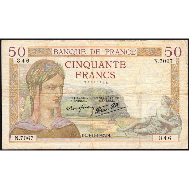 F 18-04 - 04/11/1937 - 50 francs - Cérès modifié - Série N.7067 - Etat : TTB-