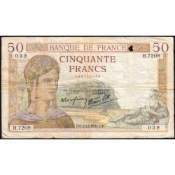 F 18-05 - 02/12/1937 - 50 francs - Cérès modifié - Série H.7208 - Etat : B+
