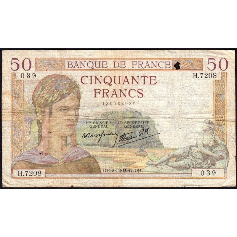 F 18-05 - 02/12/1937 - 50 francs - Cérès modifié - Série H.7208 - Etat : B+