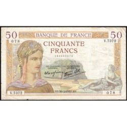 F 18-06 - 30/12/1937 - 50 francs - Cérès modifié - Série V.7372 - Etat : TTB-