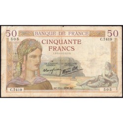 F 18-07 - 13/01/1938 - 50 francs - Cérès modifié - Série C.7419 - Etat : TB