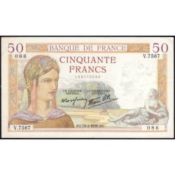 F 18-08 - 10/02/1938 - 50 francs - Cérès modifié - Série V.7567 - Etat : TTB à TTB+