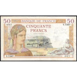 F 18-08 - 10/02/1938 - 50 francs - Cérès modifié - Série V.7567 - Etat : TTB à TTB+