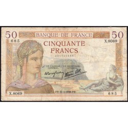 F 18-11 - 31/03/1938 - 50 francs - Cérès modifié - Série X.8069 - Etat : B+