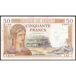 F 18-12 - 28/04/1938 - 50 francs - Cérès modifié - Série U.8115 - Etat : TTB